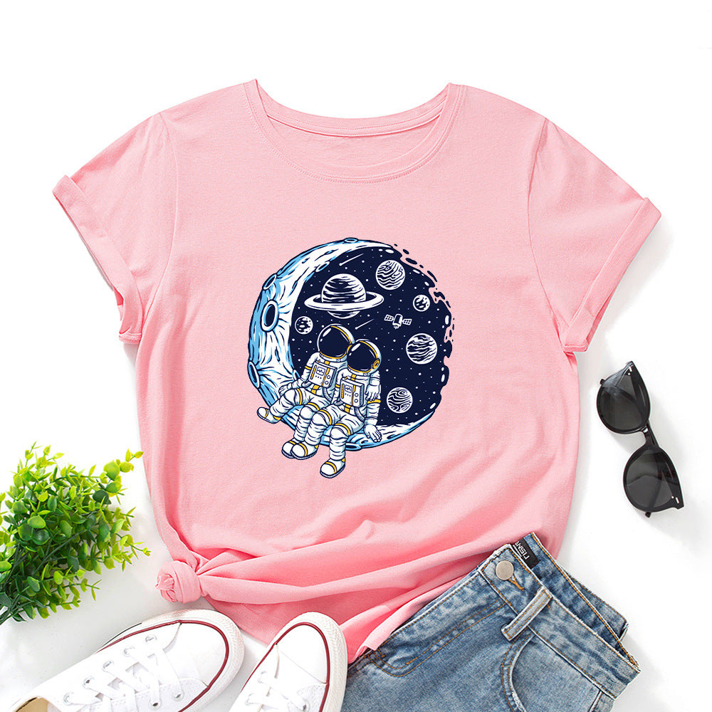 Women's Cotton Loose Round Neck Sleeve Moon Women's T-shirt