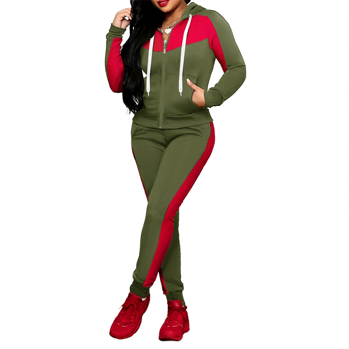 Women's Fashion Color Matching Zipper Hooded Set Suits
