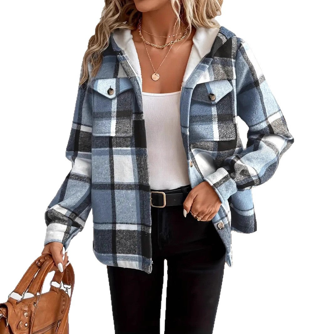 Loose Long Sleeve Casual Plaid Hooded Jackets