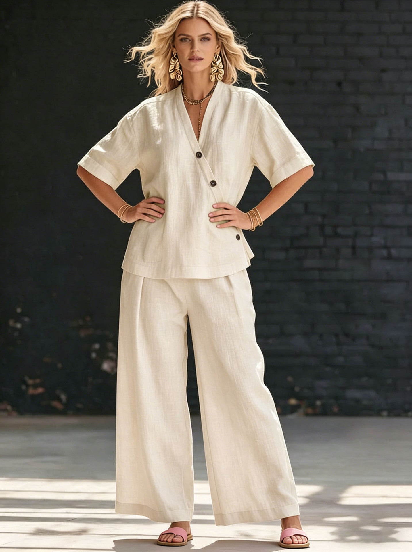Women's Solid Color Loose Short-sleeved High Waist Trousers Fashion Casual Suit