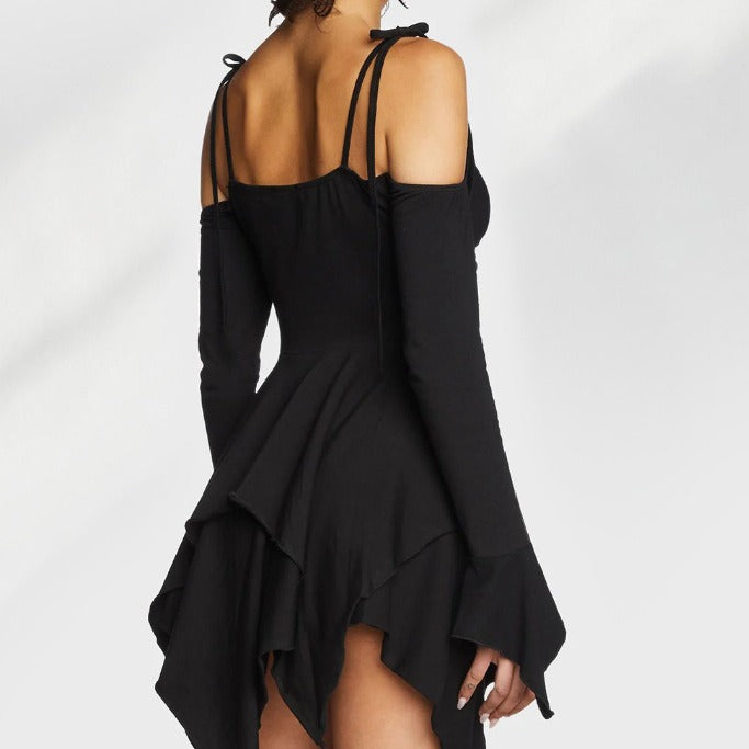 Women's Style Milk Silk Patchwork Cold-shoulder Long Sleeve High Waist Slip Clothing