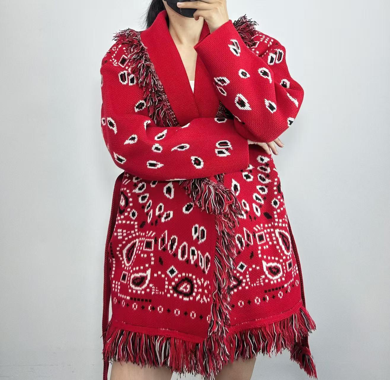 Women's Thick Tassel Jacquard Mid-length Loose Color Matching Sweaters