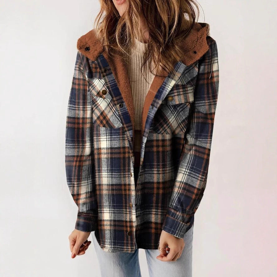 Women's Plaid Long Sleeve Furry Hooded With Coats
