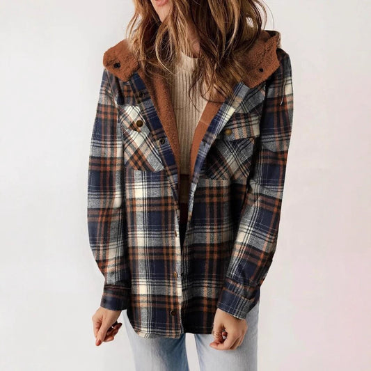 Women's Plaid Long Sleeve Furry Hooded With Coats