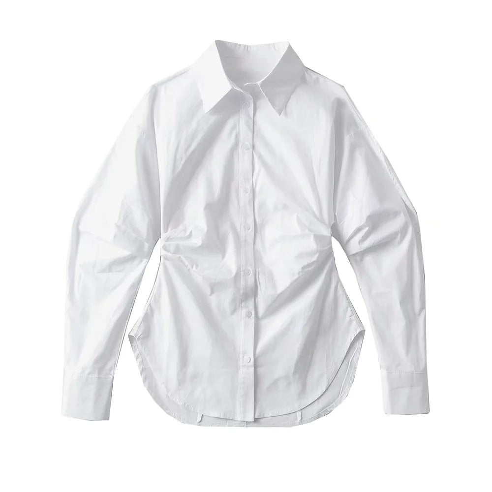 Women's Hot Double-sided Pleated Lapel Single Breasted Shirt Mid-length Blouses