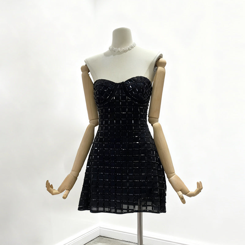 Women's Sexy Plaid Sequined Strapless Dress Black Tube Dresses