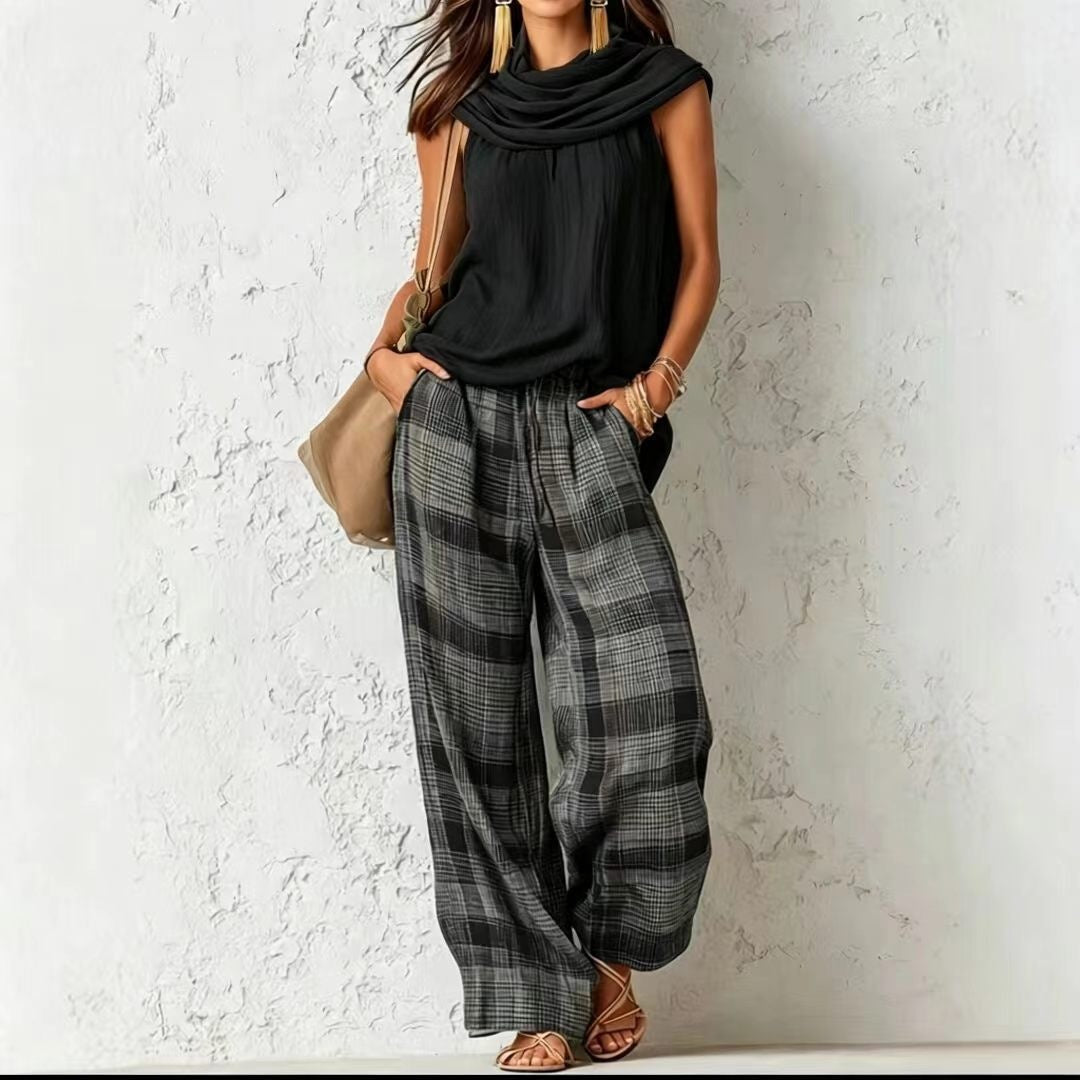 Beautiful Women's Retro Style Sleeveless Plaid Fashion Casual Suit