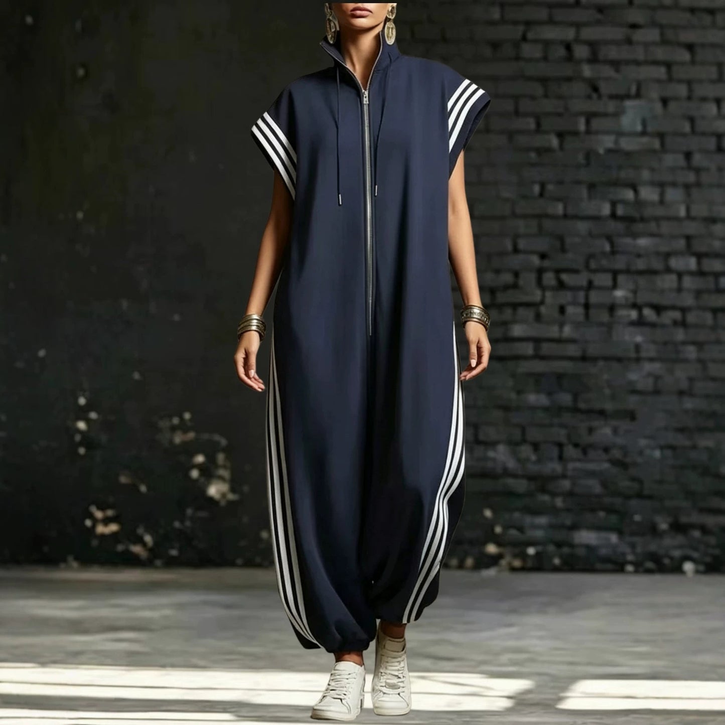 Women's Zipped Stand Collar Striped Contrast Color Jumpsuits