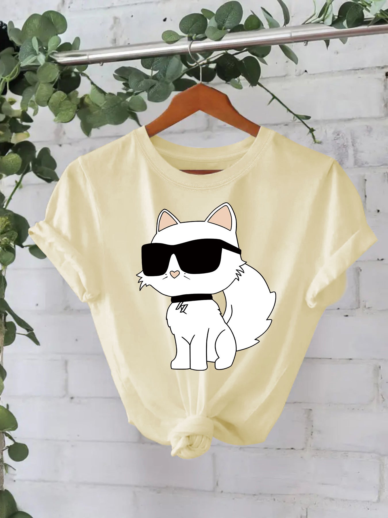 Casual Sleeve Female White Sunglasses Cat Summer Round Neck Women's T-shirt