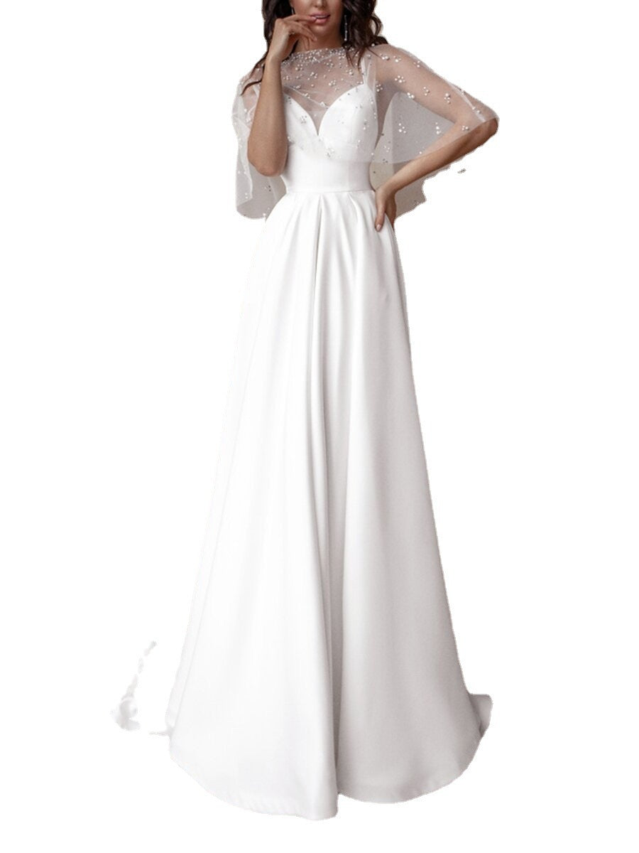 Women's Long Dress Sexy Strap Pearl Sleeveless Wedding Dresses