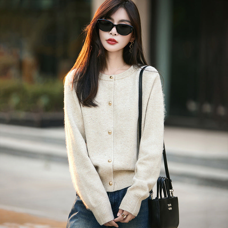 Women's Long Sleeve Single Row Sequined Color Sweaters