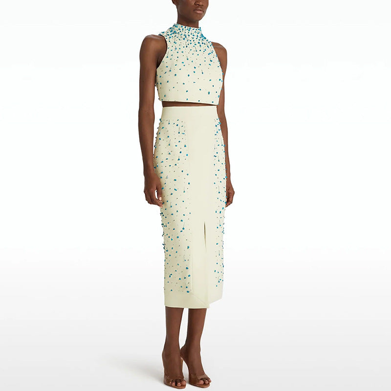 Stylish Glamorous Bead Split Two-piece Set Fashion Casual Suit