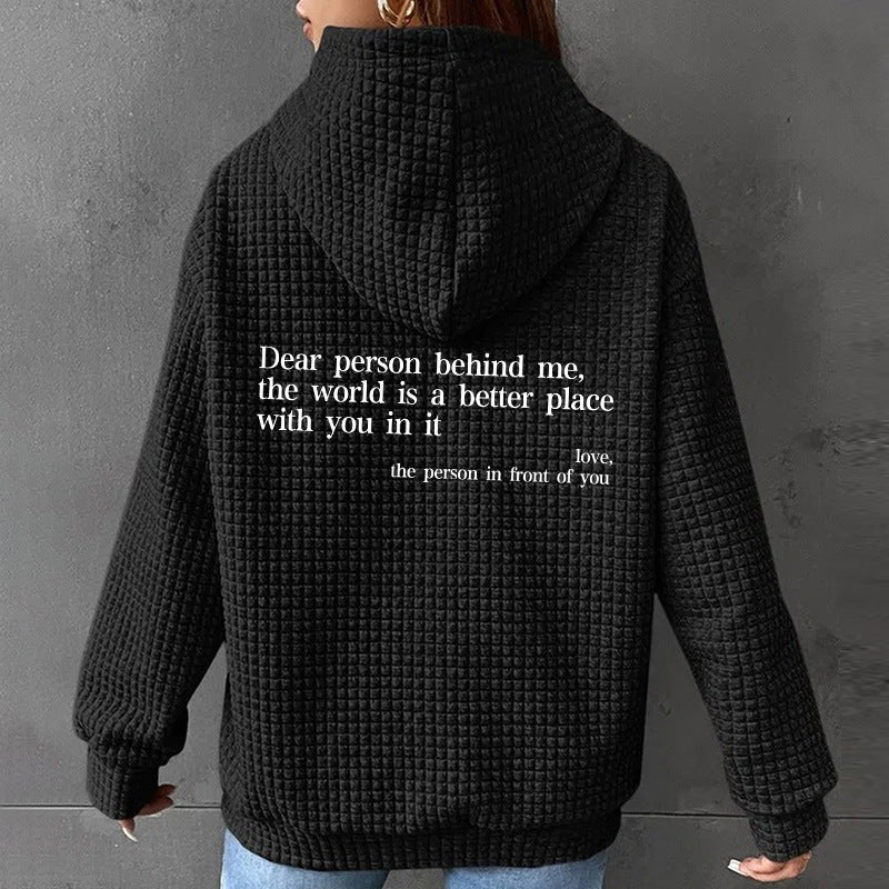 Women's Waffle Hooded Long Sleeve Letter Print Sweatshirt Women's Sweater, Sweater