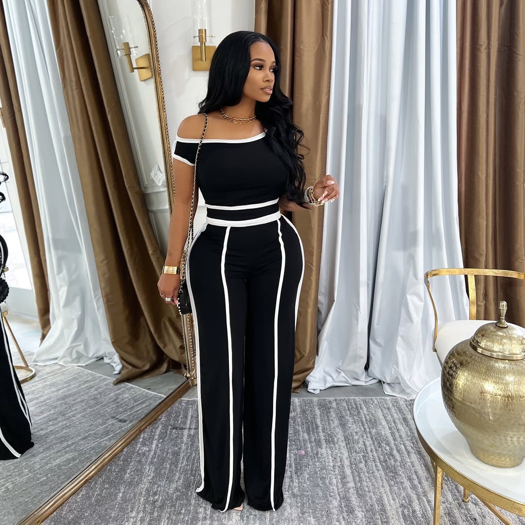 Color Slant Shoulder Wide Leg Two-piece Suits