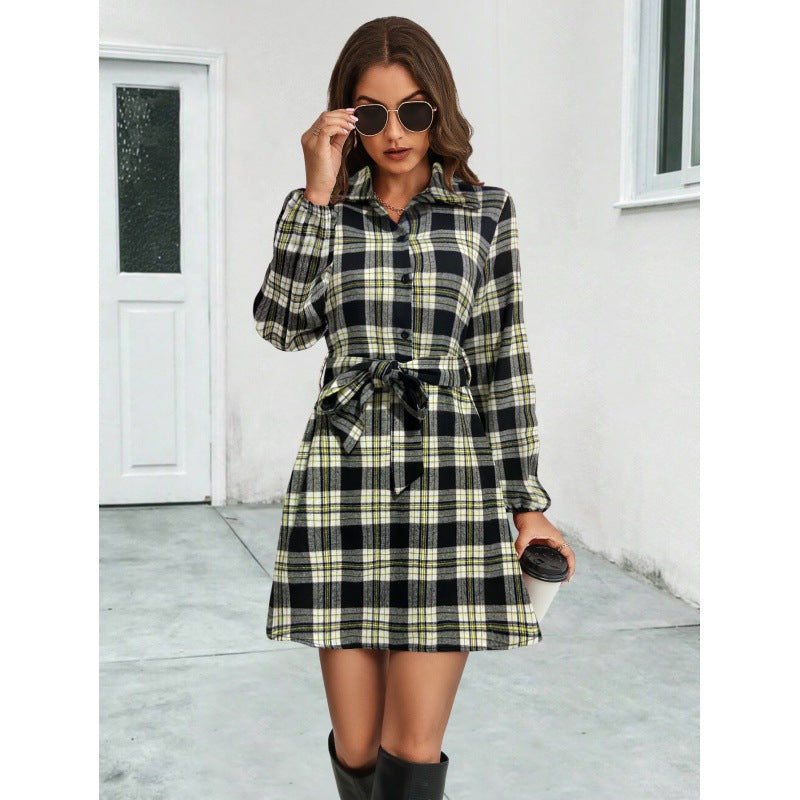 Versatile Women's Lantern Sleeve Plaid Shirt Dress