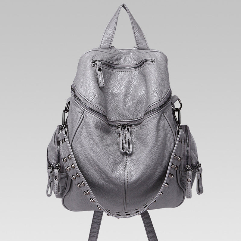 Capacity Studded Unisex Washed Leather Solid Bags