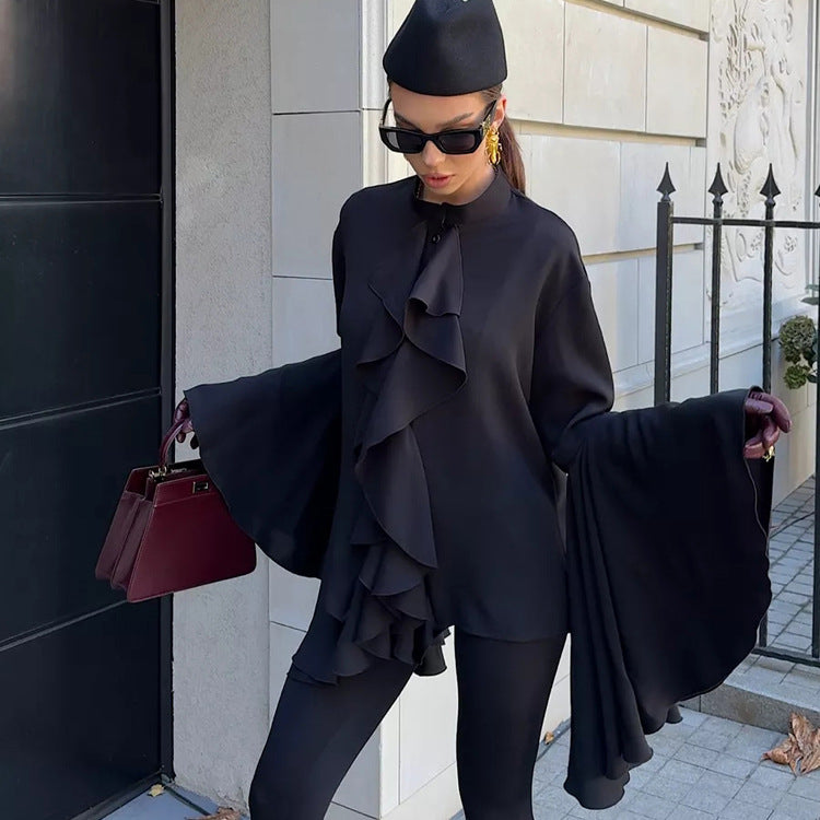 Women's Ruffled Shirt Small Stand-up Collar Flared Blouses