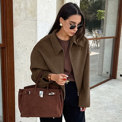 Women's Lapel Long Sleeve Zipper Woolen Fashion Coats
