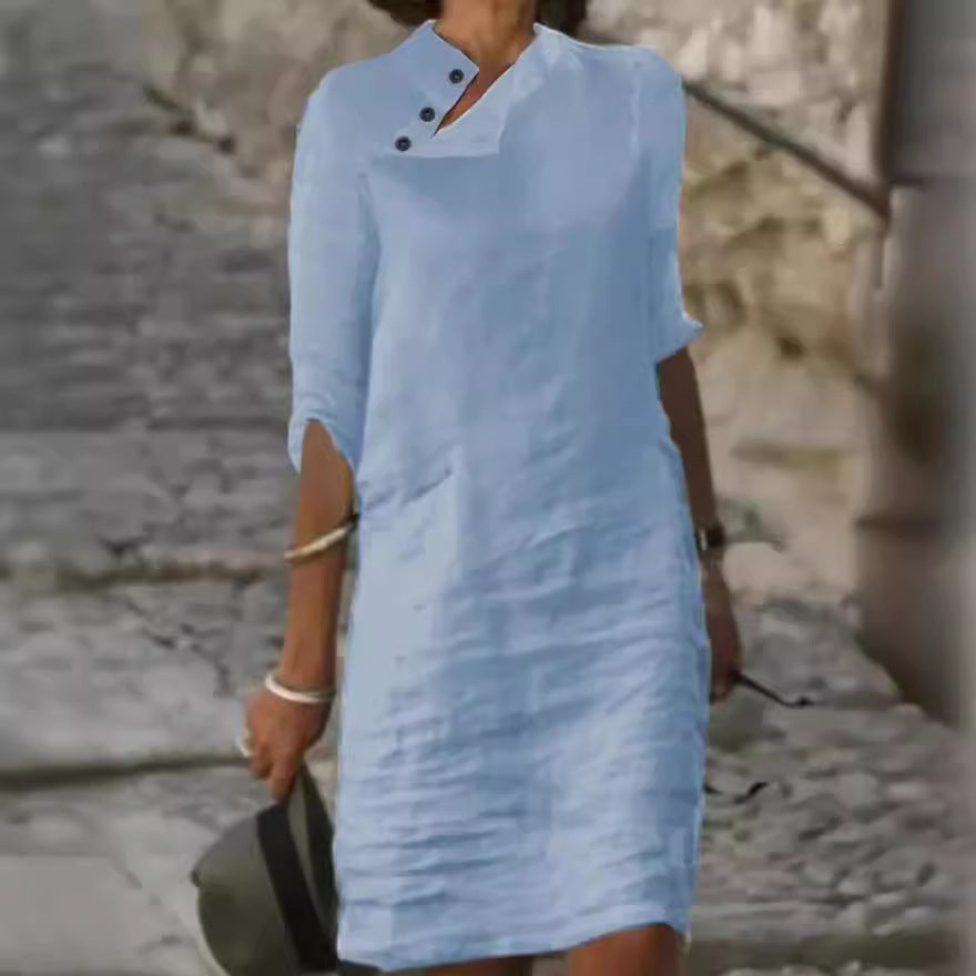 Casual Stand Collar Button Cotton Linen Solid Dress