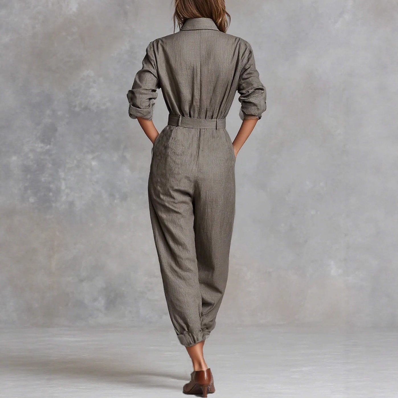Women's Long-sleeved Lapel Single Row Ankle Banded Jumpsuits