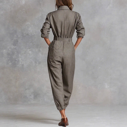 Women's Long-sleeved Lapel Single Row Ankle Banded Jumpsuits