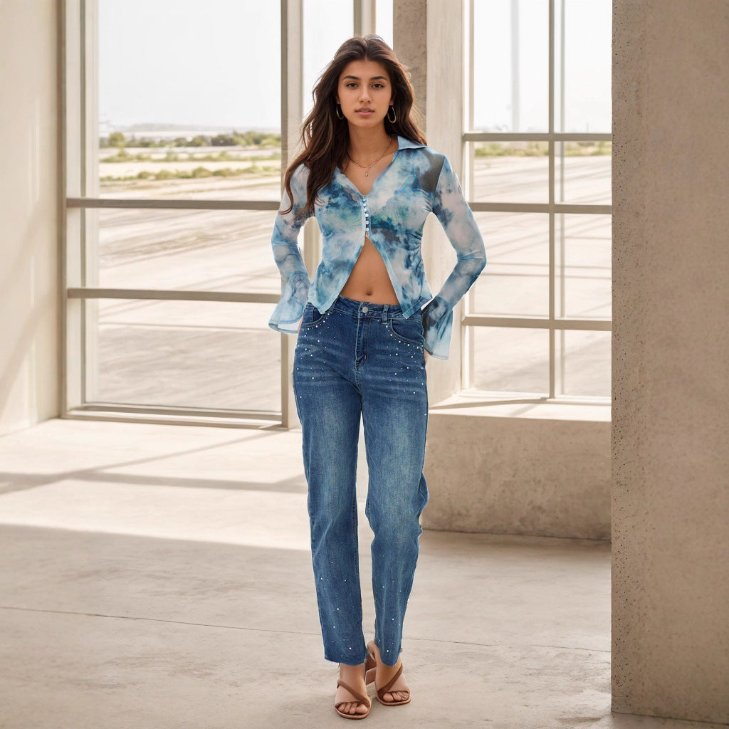 Women's Straight Casual Soft Comfortable Texture Fabric Rhinestone Design Jeans