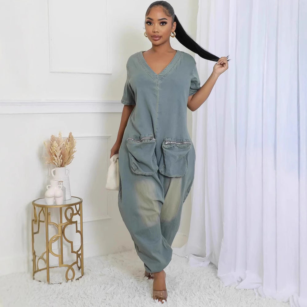 Women's Loose Fashion Personality Large Pocket Washed Jumpsuits