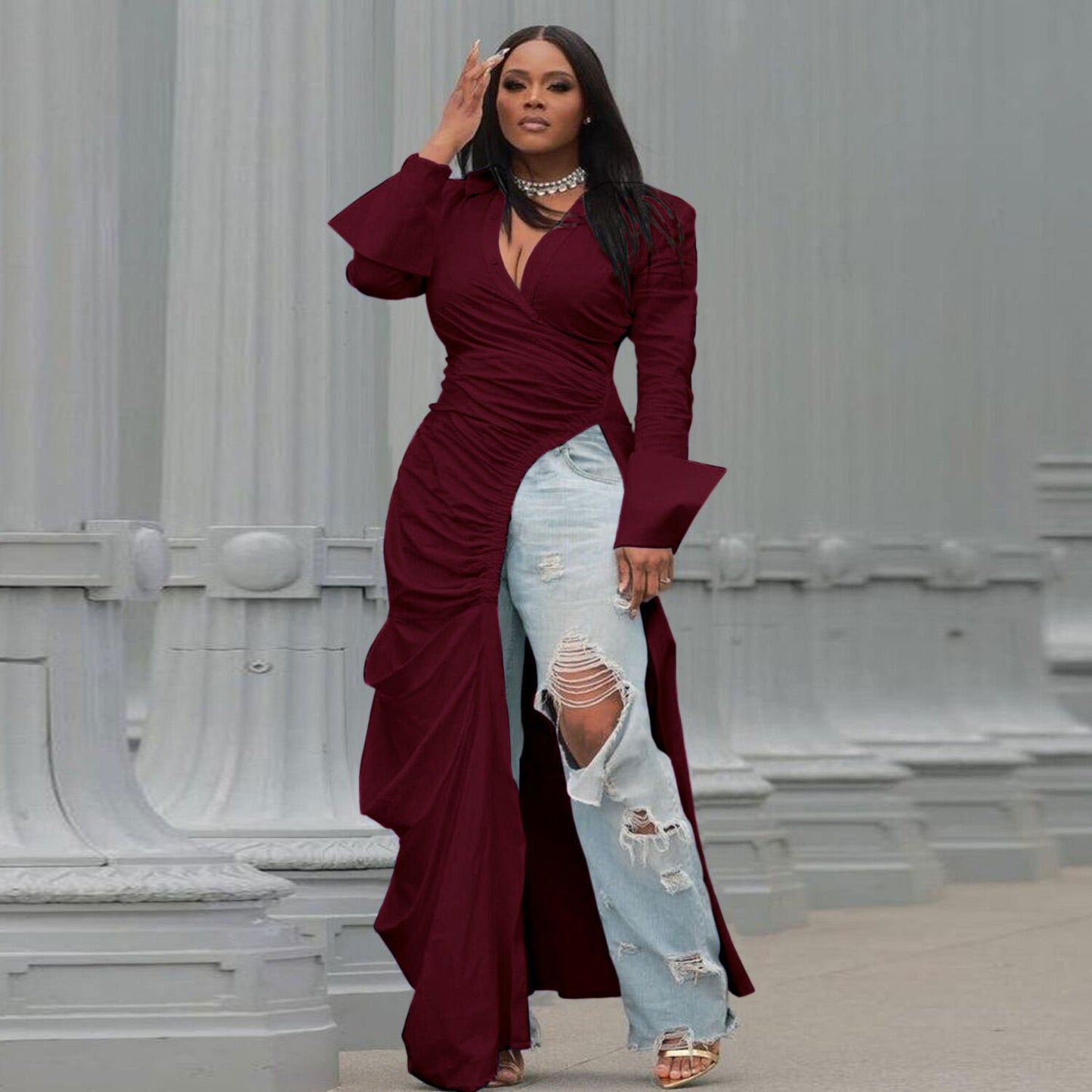 Sexy Deep Side Open Slim Dress Suits