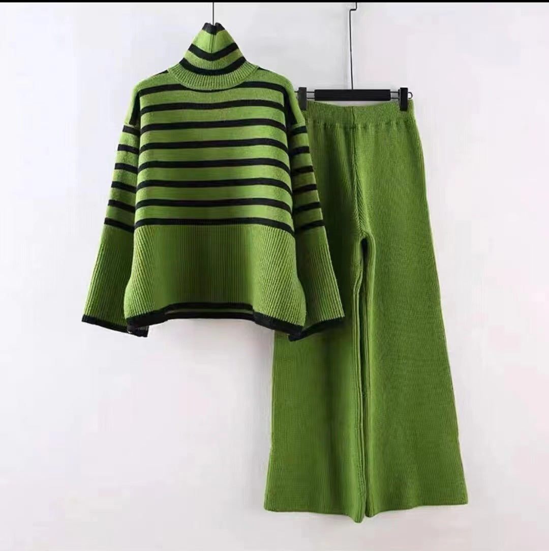 Women's Loose High Neck Knitted Waist Straight Suits