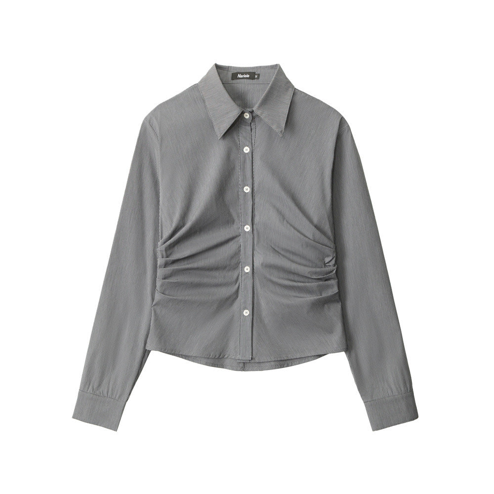 Women's American Slim Fit Slimming Waisted Long-sleeved Shirt Blouses