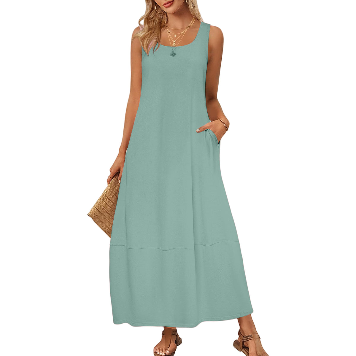 Women's Solid Color Pocket Sleeveless Casual Holiday Dress