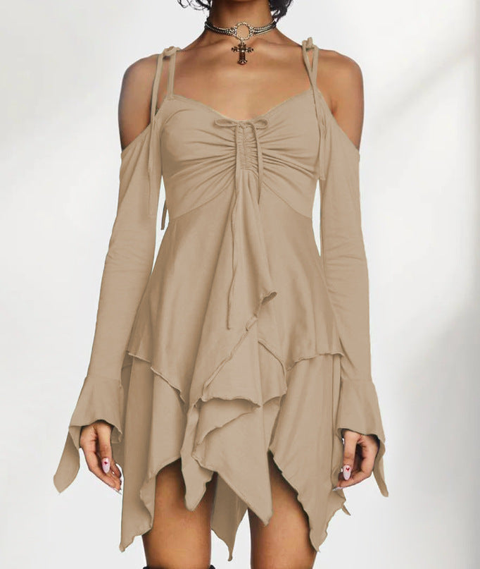 Women's Style Milk Silk Patchwork Cold-shoulder Long Sleeve High Waist Slip Clothing
