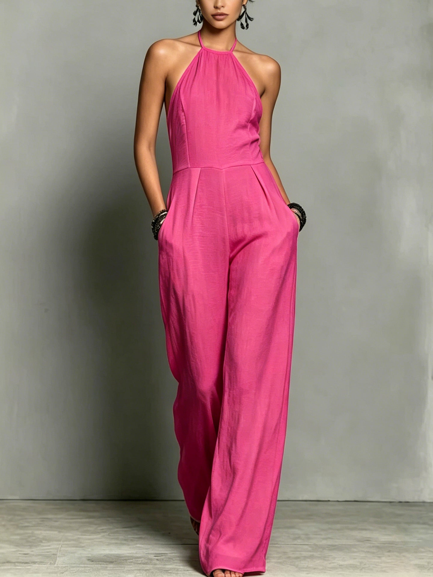 Women's Vacation Style Pleated Halter Backless Wide Women's Jumpsuit/clothing