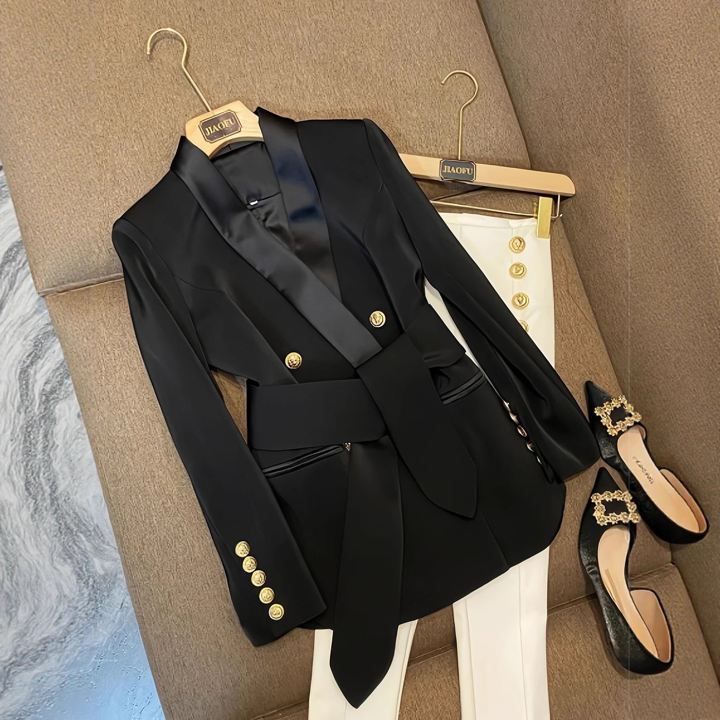 Metal Double Breasted Green Collar Belt Jackets