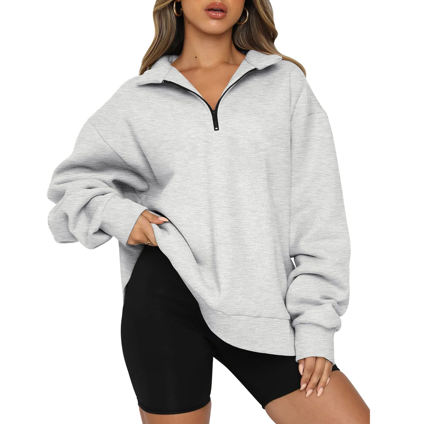 Women's Zipped Stand Collar Pullover Pocket Casual Loose Women's Sweater, Sweater