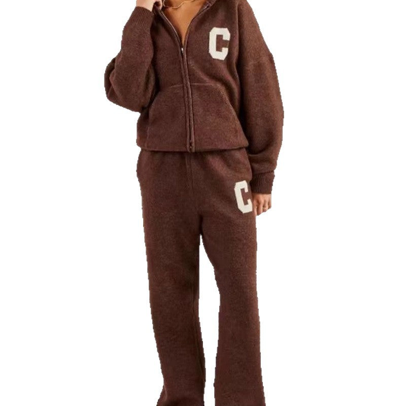 Solid Color Knitted Hooded Loose Trousers Suits