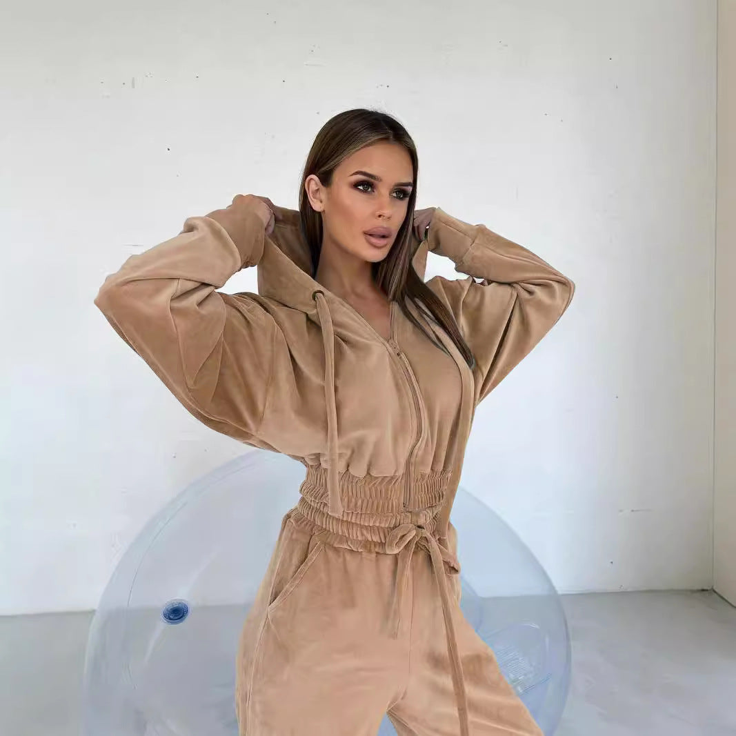 Women's Hooded Casual Zipper Sports Suede Trousers Suits