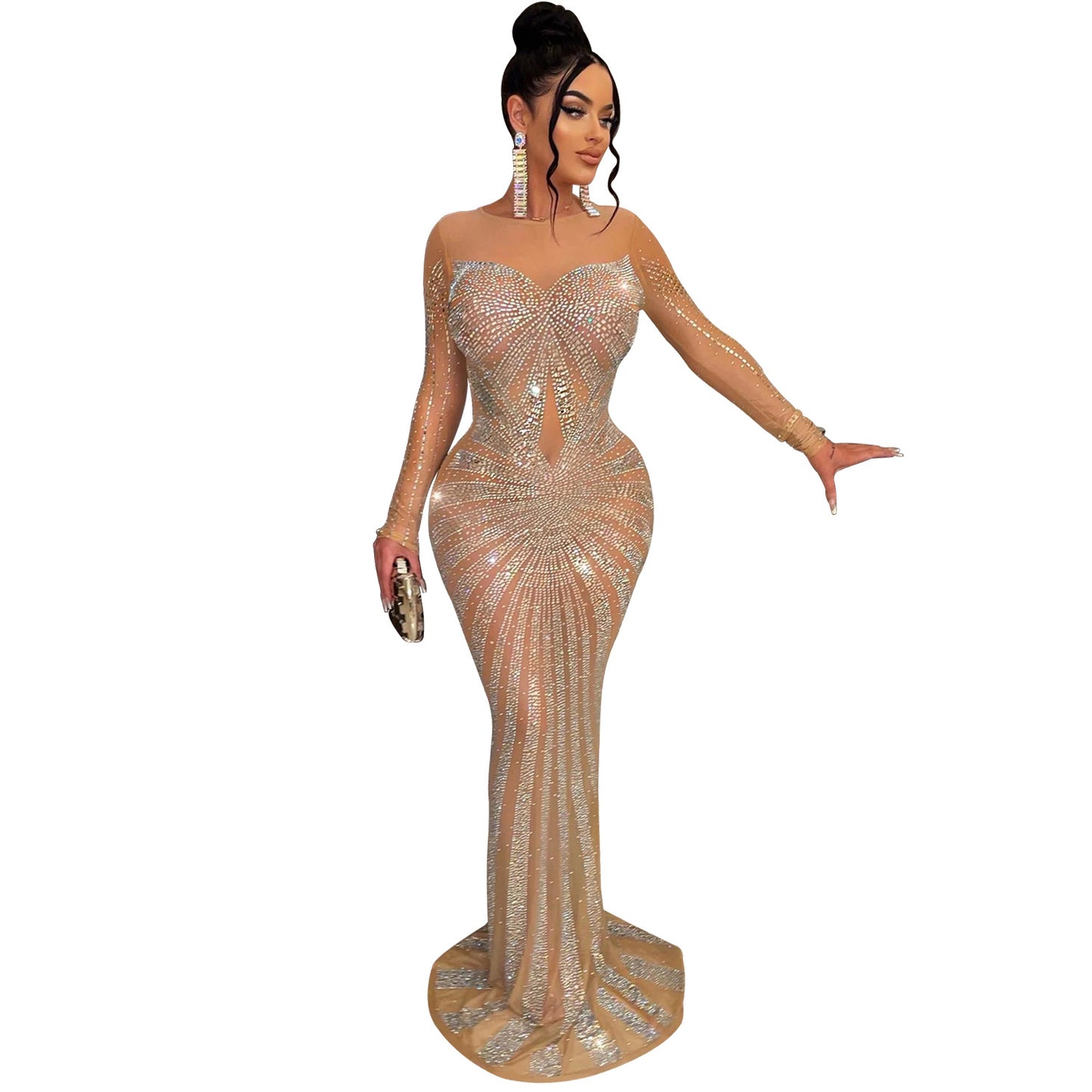 Women's Wear Pure Color Mesh Rhinestone Long Dresses