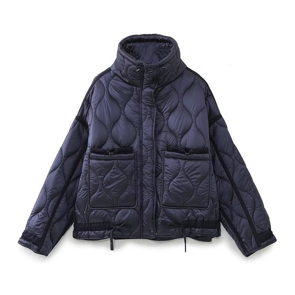 Women's Pocket Decoration Loose Long Sleeve Stand Collar Rhombus Jackets