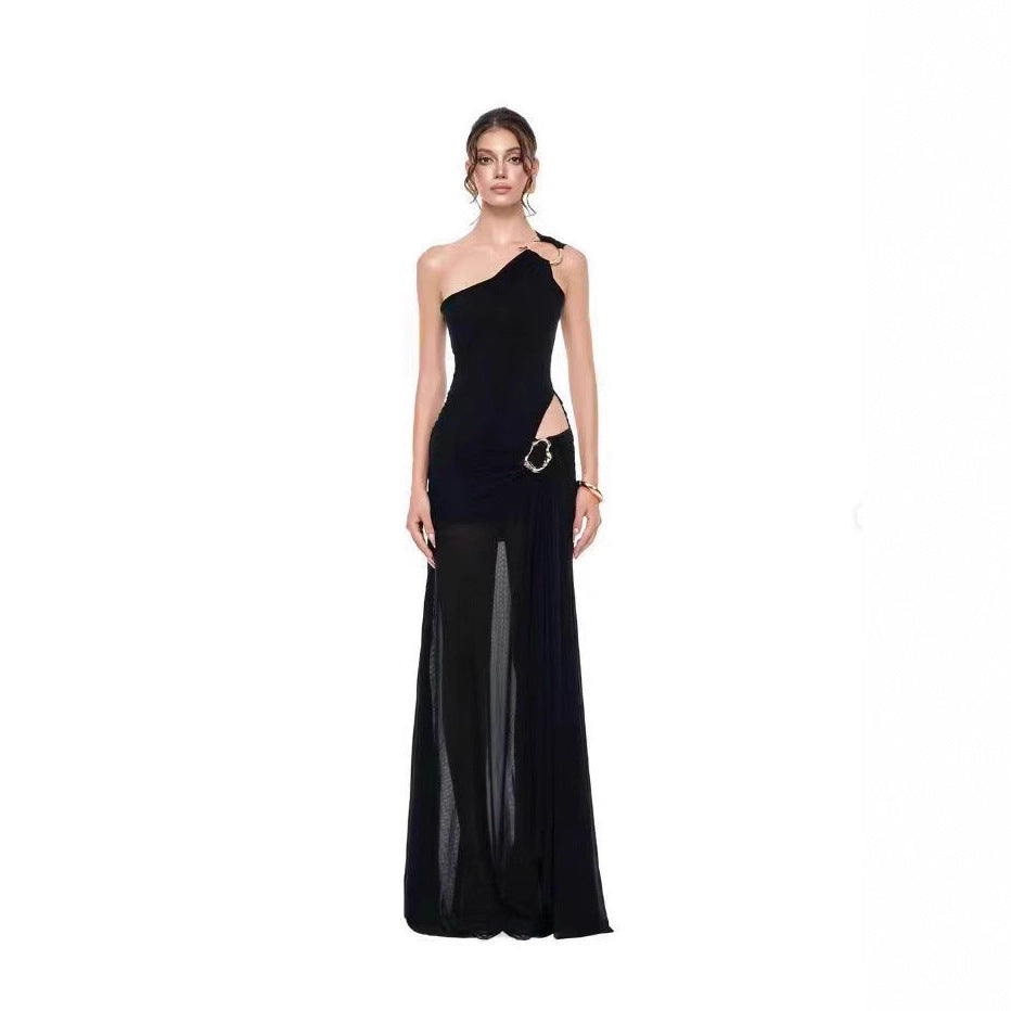 High-grade Black Lightly Mature Hot Cinched Expensive Beautiful Mesh Dresses
