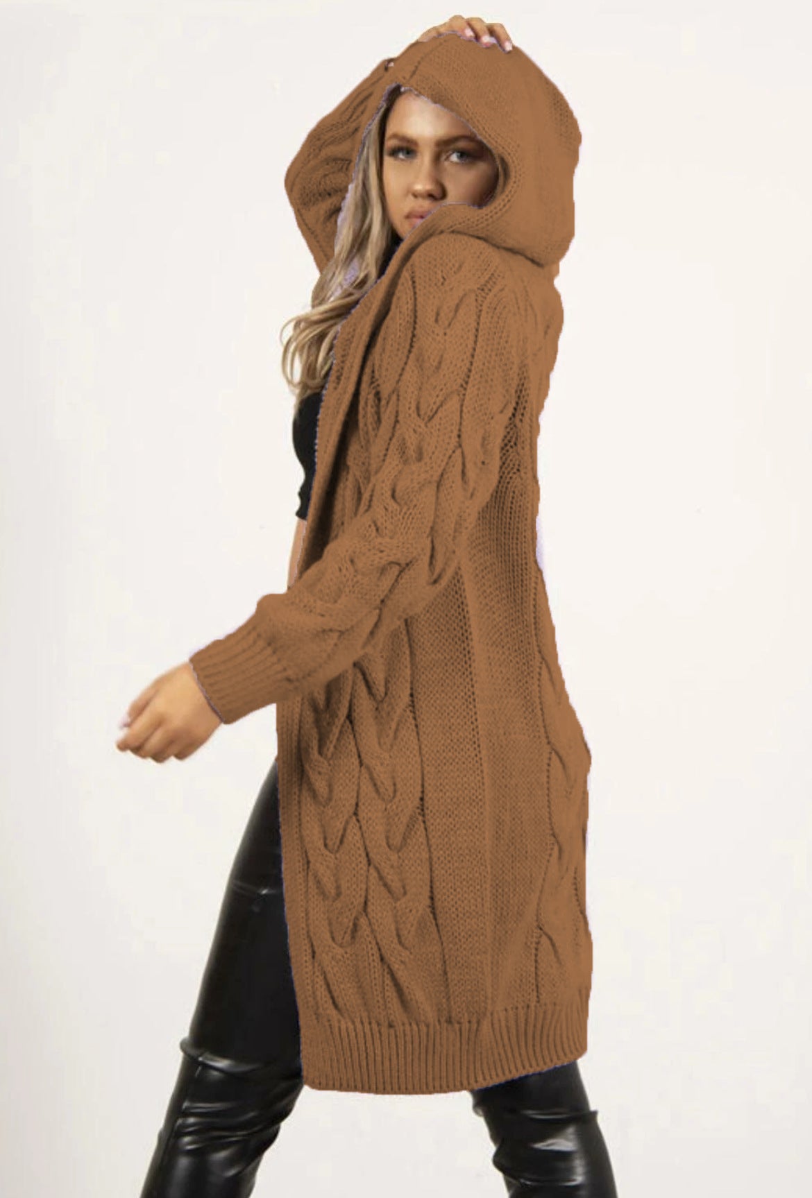 Women's Large Long Hooded Knit For Knitwear