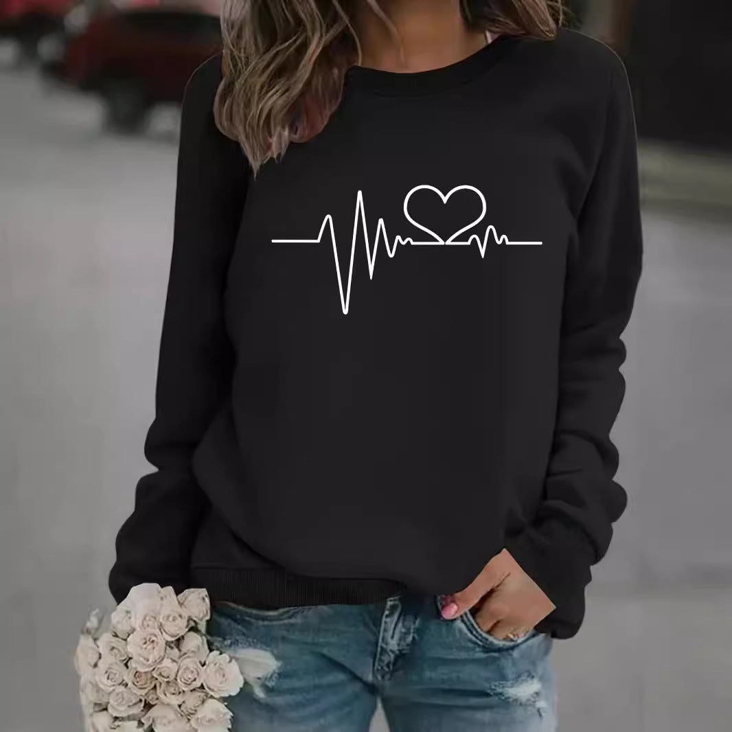 Women's Long-sleeved Round Neck Heartbeat Print Pullover Women's Sweater, Sweater
