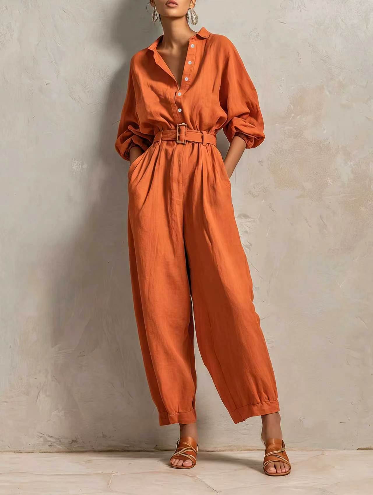 Women's Button Belt Solid Color Slim Fit Women's Jumpsuit/clothing