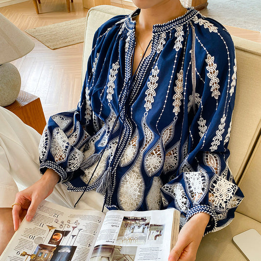 Women's Autumn Embroidery Vacation Style French Shirt Blouses