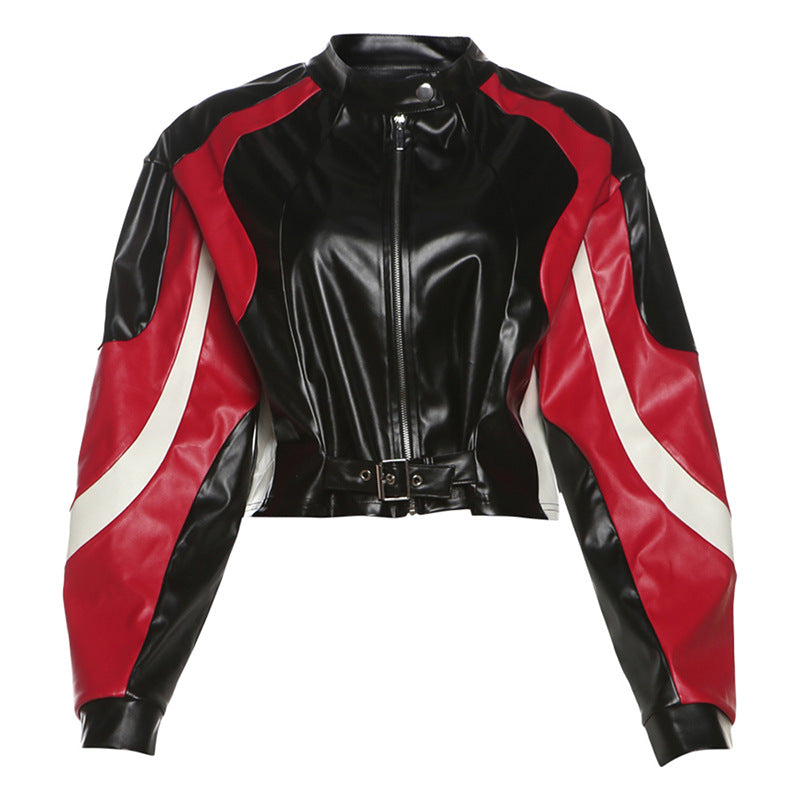 Women's Motorcycle Contrast Color Slim Fit Round Jackets