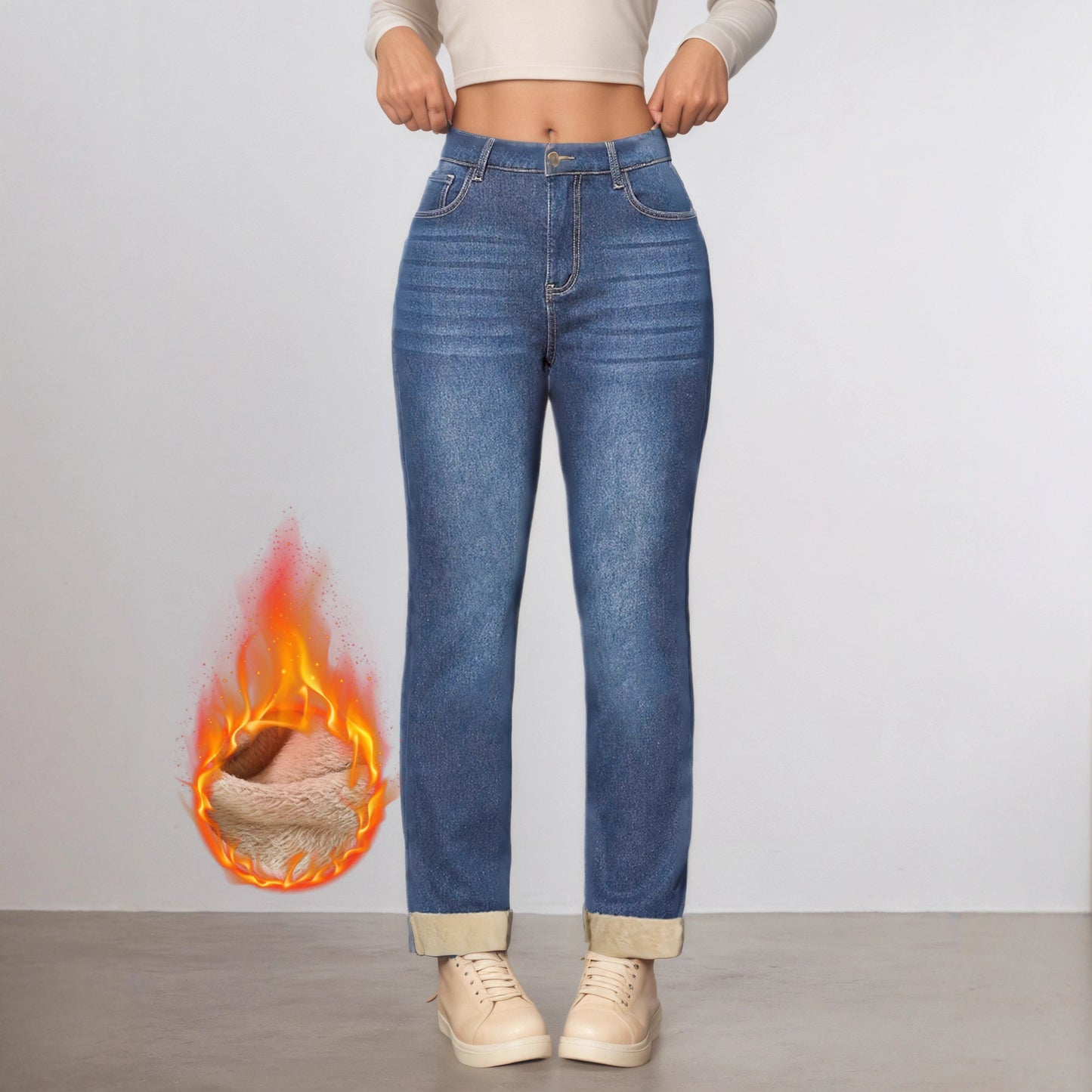 Women's Fleece-lined Elastic Tight-fitting Hem Solid Color Jeans