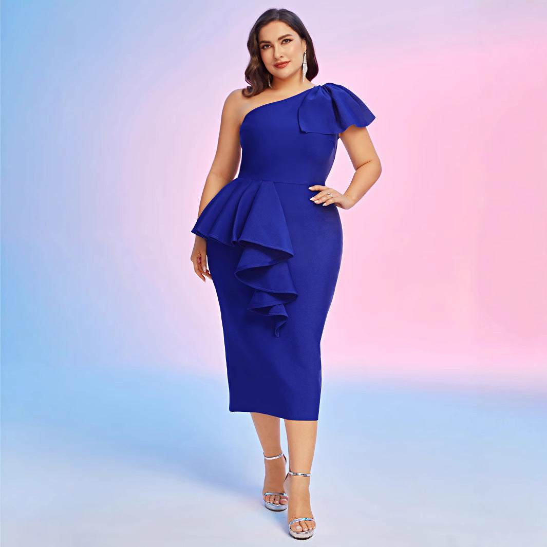 Temperament Elegant One Shoulder Ruffles Fashion Dress