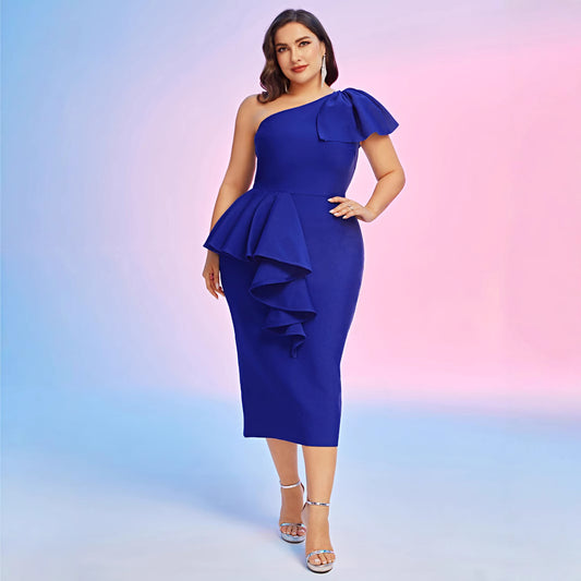 Temperament Elegant One Shoulder Ruffles Fashion Dress