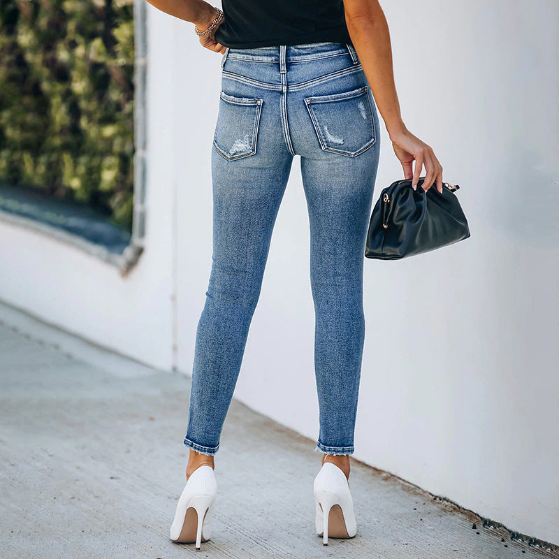 Women's Denim Slim Hole High Elasticity Trousers Women's Jeans