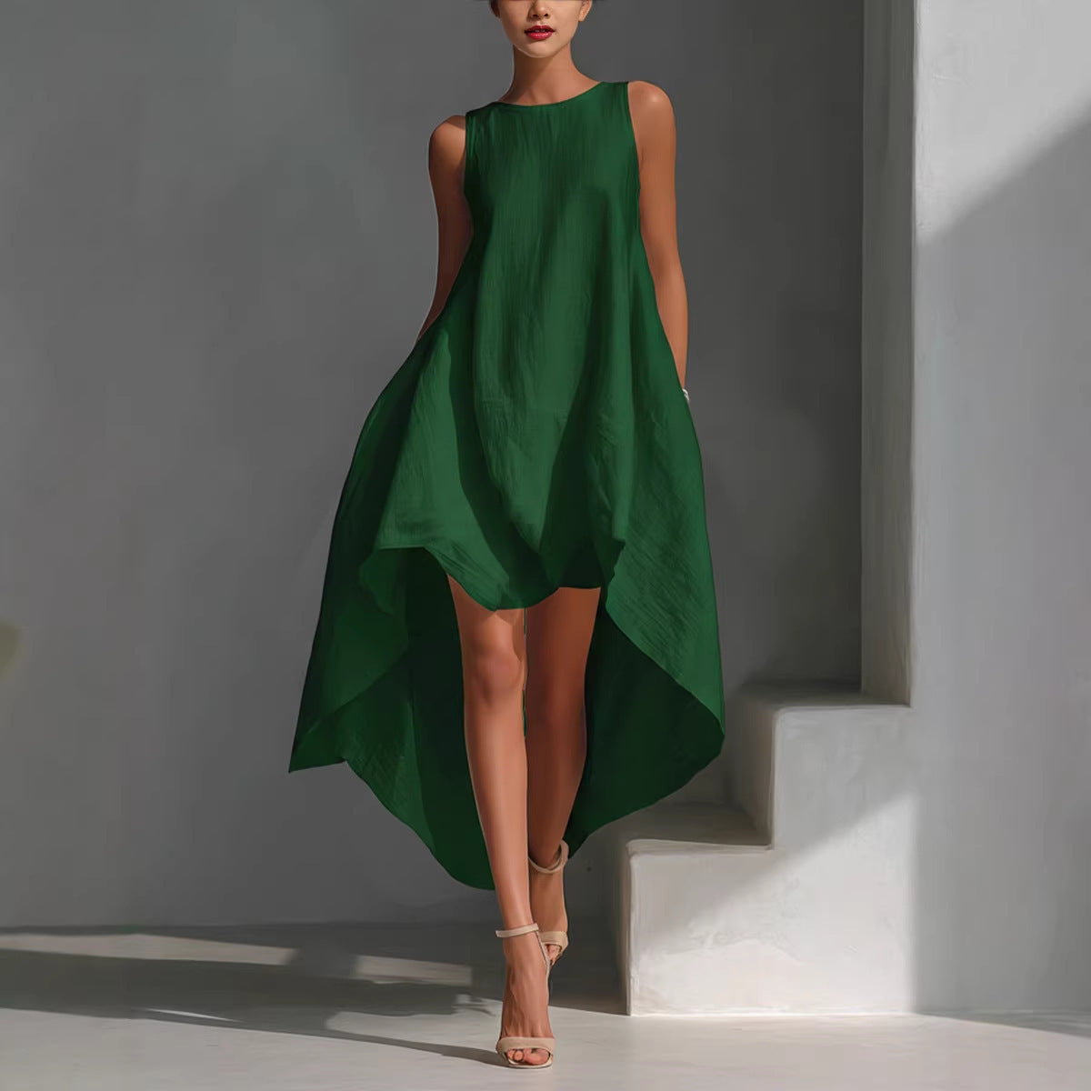 Women's Spring Cotton Linen Front Long Back Irregular Sleeveless Dress